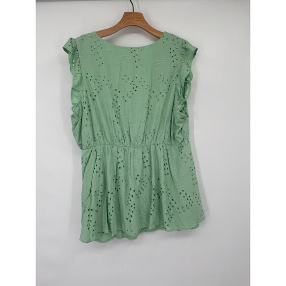 TORRID shirt top Size 2x Mint Green Eyelet  Ruffle Sleeve Peplum  V-Neck Blouse - Picture 5 of 6